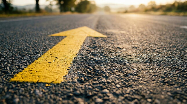 Yellow arrow painted on an asphalt road at sunrise, symbolizing future direction, progress, and a clear path forward in business or life.