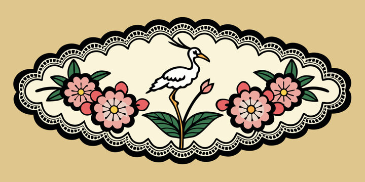 Vintage crane and floral illustration in ornate frame, vector