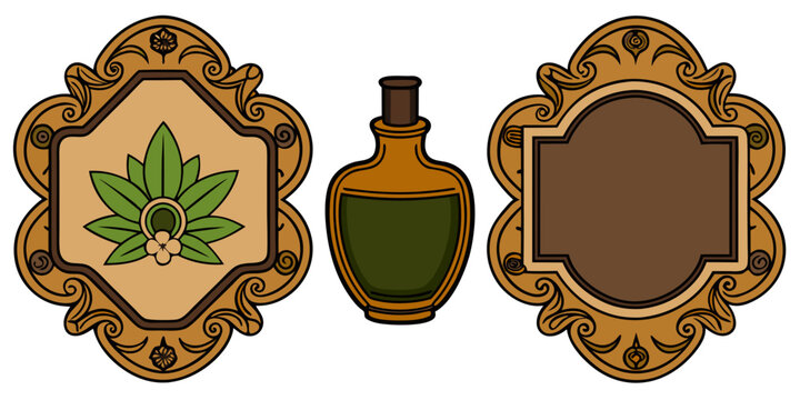 Ornate vintage frames and botanical bottle illustration, vector