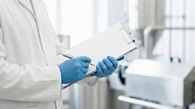 A professional in a white lab coat and blue gloves records data on a clipboard in a sterile laboratory setting.