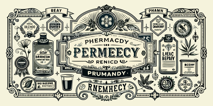 Vintage apothecary pharmacy label with ornate elements, vector