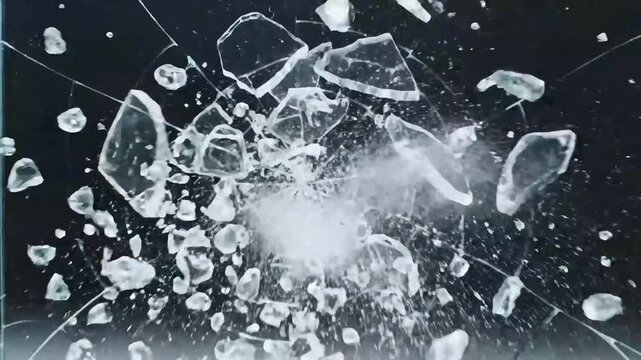 Shattered Glass Fragments Exploding with Force on Black Background