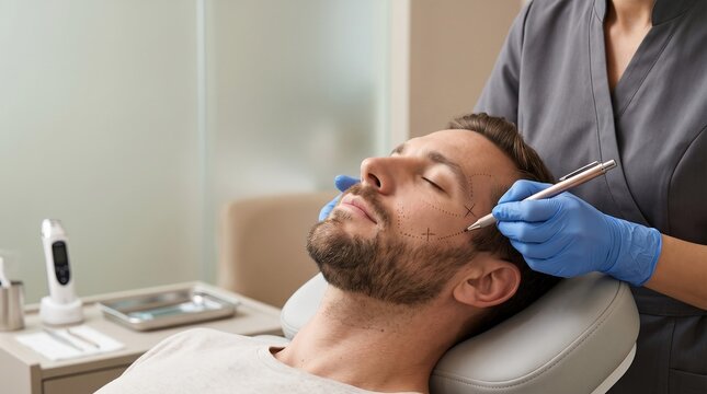 Dermatologist marking face of man with pen before cosmetic procedure. Specialist preparing patient for plastic surgery or facial rejuvenation. Clinical beauty clinic treatment concept.