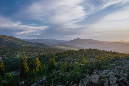 Sunset over the taiga in the Ergaki Nature Reserve