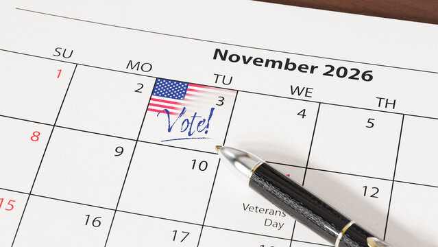 US midterm elections will take place on November 3, 2026. A calendar with a US flag and the text "Vote!" at the 3th of November. A pen lying on the calendar sheet. Web banner format