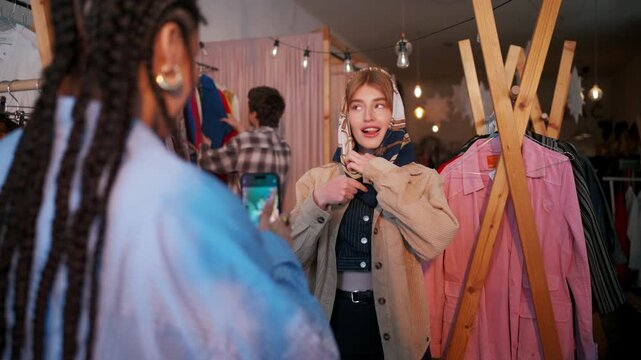 Spontaneous Scene Showcasing Cultural Friendship Amid Colorful Clothing And Warm Shop Lighting