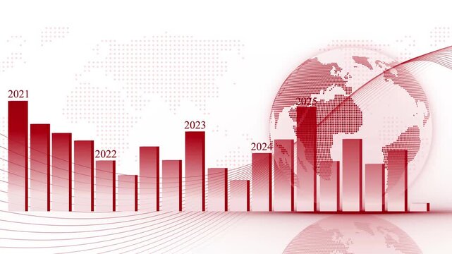 Digital bar chart with years 2021-2026 animation, glowing vertical bars decreasing then varying