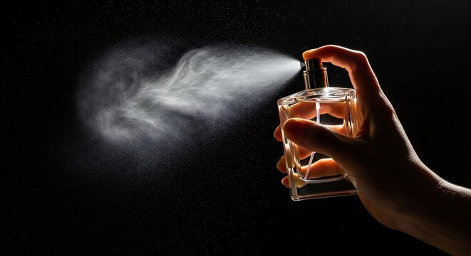 hand holding perfume bottle spraying fragrance on black background