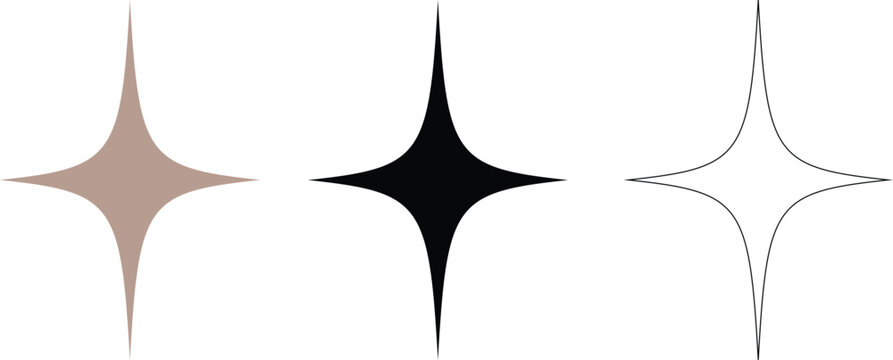 Set Of Three Elegant Four Pointed Star Icons In Light Beige Black And White Outline Isolated On Transparent Background