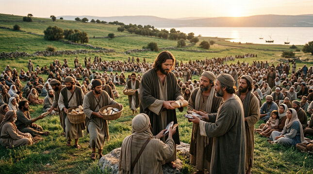 Jesus Christ breaks bread and shares it with his disciples and a large gathering of people near a serene lake at sunset.