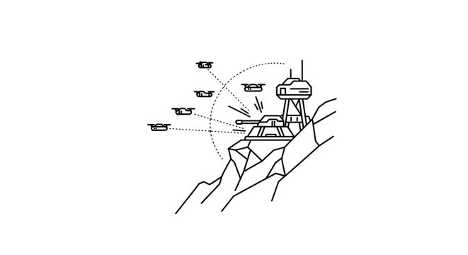 Futuristic drone defense system on rocky mountain cliff, futuristic weapon, military outpost