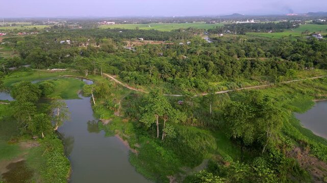 Aerial drone view over Labuh Banting wetlands and agricultural fields