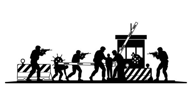 Military checkpoint with soldiers and civilians, security barrier, armed guards, control point