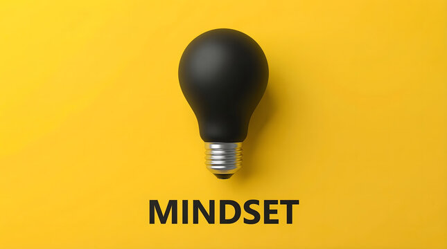 A prominent black light bulb above the word MINDSET on a vibrant yellow background