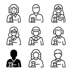 Fototapeta premium Minimalist legal themed line icons featuring diverse judges on gray background