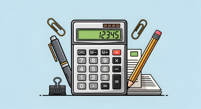 Office supplies and calculator on desk.