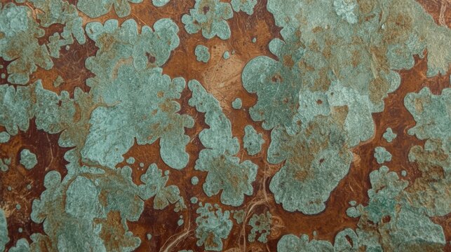 Close up of oxidized copper surface with intricate green patina and rusty brown texture detailed view of weathered metal