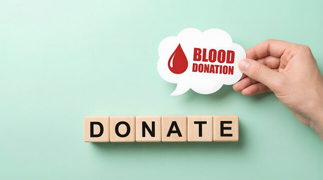A hand holds a speech bubble promoting blood donation above wooden blocks spelling donate on a light green bac