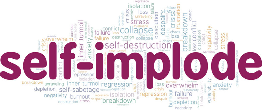 Self-implode word cloud conceptual design isolated on white background.