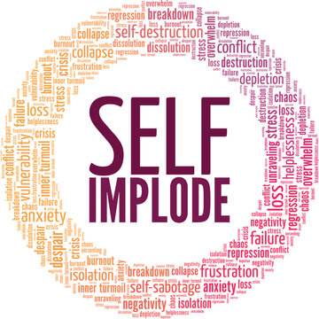 Self-implode word cloud conceptual design isolated on white background.