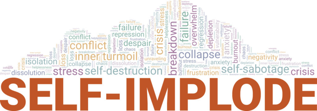 Self-implode word cloud conceptual design isolated on white background.