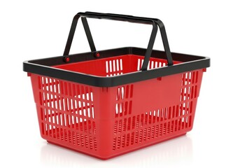 Fototapeta premium A red plastic shopping basket with a black handle isolated on a plain white background surface.