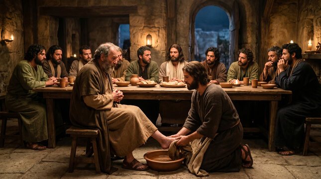 Jesus Christ kneels to wash the feet of an elder disciple during the Last Supper, showing humility and servant leadership in a dimly lit room.