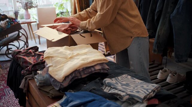 Volunteer sorting donated clothes for charity, highlighting care, community, and generosity.