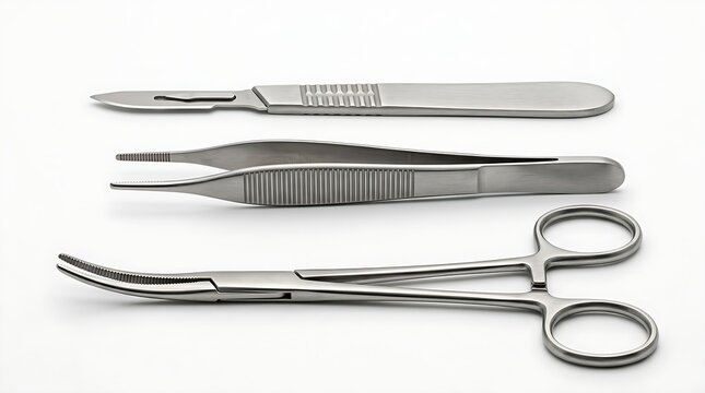 Professional stainless steel surgical medical instrument set with scalpel tweezers and clamps isolated on white background