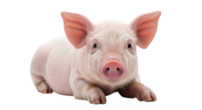 Cute pink piglet lying down and looking forward isolated on transparent background