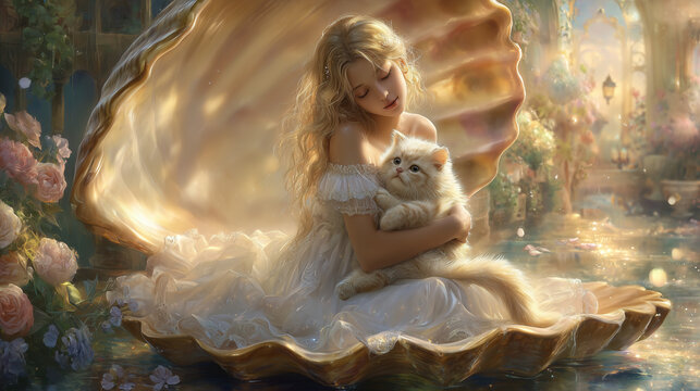 A woman sitting inside a giant oyster shell, cuddling a kitten.