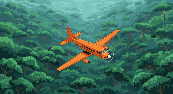 Vector illustration of a bright orange propeller airplane flying over a dense green tropical forest canopy with lush trees. Aerial view of a utility aircraft above a thick jungle.