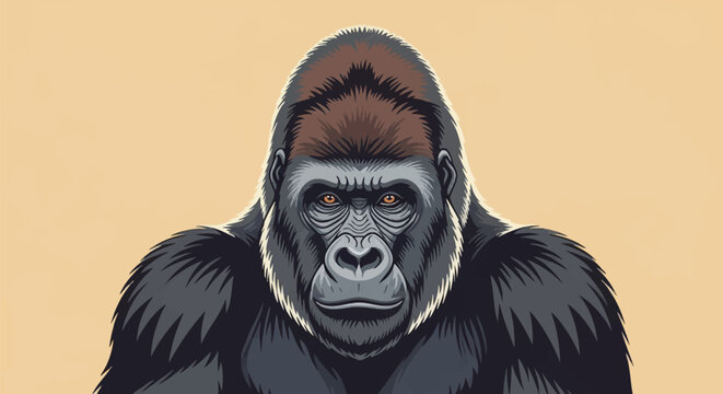 Stylized vector portrait of a powerful male gorilla with detailed grey and black fur, brown crest, and orange eyes looking forward on a plain beige background for graphic design.