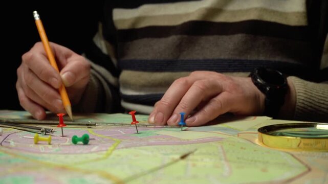 Person topographer marking locations on a map with colored pins and a pencil, surrounded by tools and a magnifying glass on a wooden table