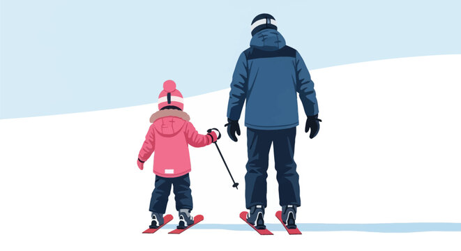 Rear view vector illustration of a young child in pink winter gear and an adult male in blue ski apparel standing on red skis on a snowy mountain slope during a sunny day.