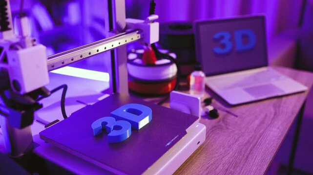 A 3D printer is actively creating blue plastic letters on its build plate, with filament spools and a laptop in the background