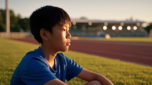 a young diverse boy athlete sitting on a sideline bench with a focused expression. High-detail cinematic shot of a child in sports gear during a calm moment of preparation.