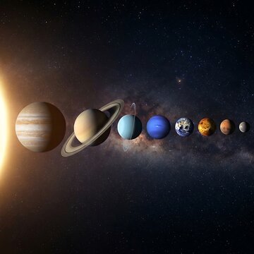 A stunningly detailed artistic rendering of our solar system, showcasing the sun and all its planets in alignment against a starry backdrop