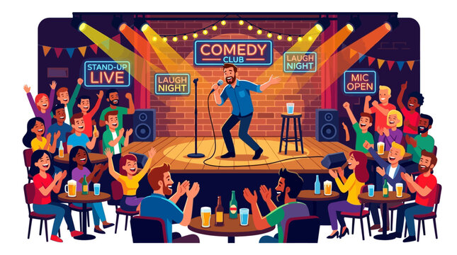 Comedian performing stand-up at a lively comedy club with a cheering audience
