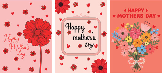 Happy Mother's Day vector card collection, three vibrant floral designs with red flowers and hearts. Mother's Day greeting cards, festive spring flower bouquets © NAZMA