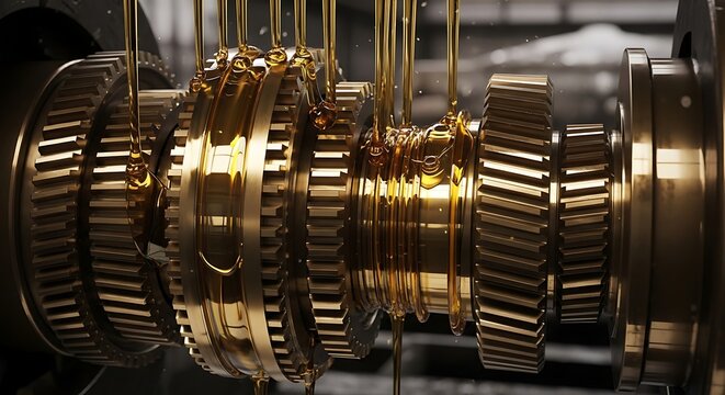 Close up of a complex industrial gearbox with golden gears being lubricated.