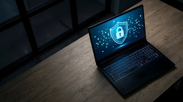 Modern laptop displaying a glowing digital security shield and padlock on its screen on a wooden table