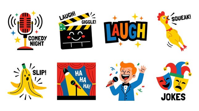 Colorful comedy night graphics with laughing characters and microphones