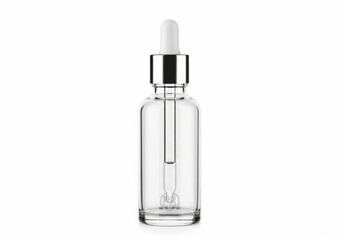 Naklejka premium A clear glass dropper bottle with a silver cap isolated on a clean and simple white background.