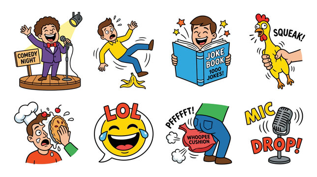 Comical scenes of people laughing and having fun with humor and jokes
