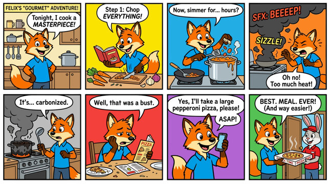Cartoon fox character attempts gourmet cooking fails then orders pizza