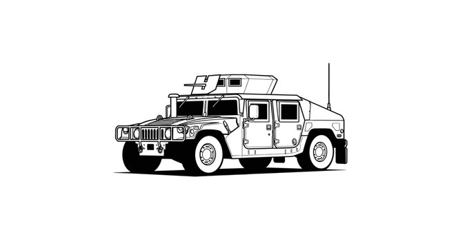 Military Humvee Vehicle Illustration - Black and White Line Art