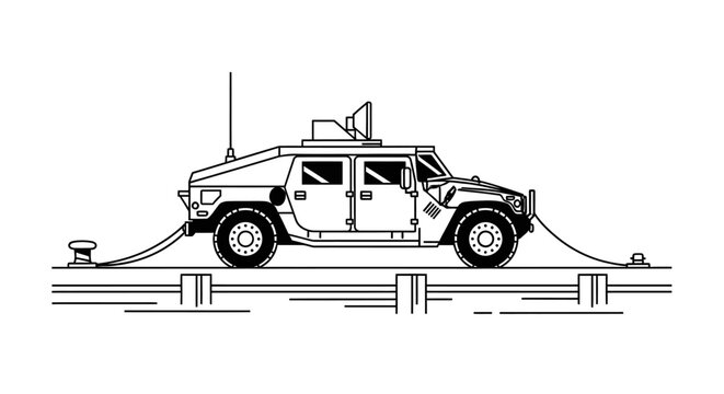 Military Humvee Secured to Dock with Ropes, Ready for Transport