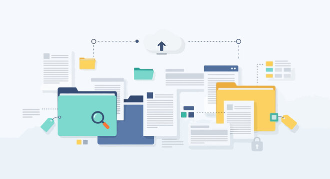 Conceptual illustration of digital document management and cloud storage technology.