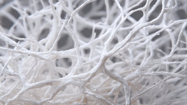 Complex web of microscopic filaments. Dense interconnected threads revealing fine details. An abstract portrayal of intertwined fungal filaments exhibiting textured depth and neutral color tones